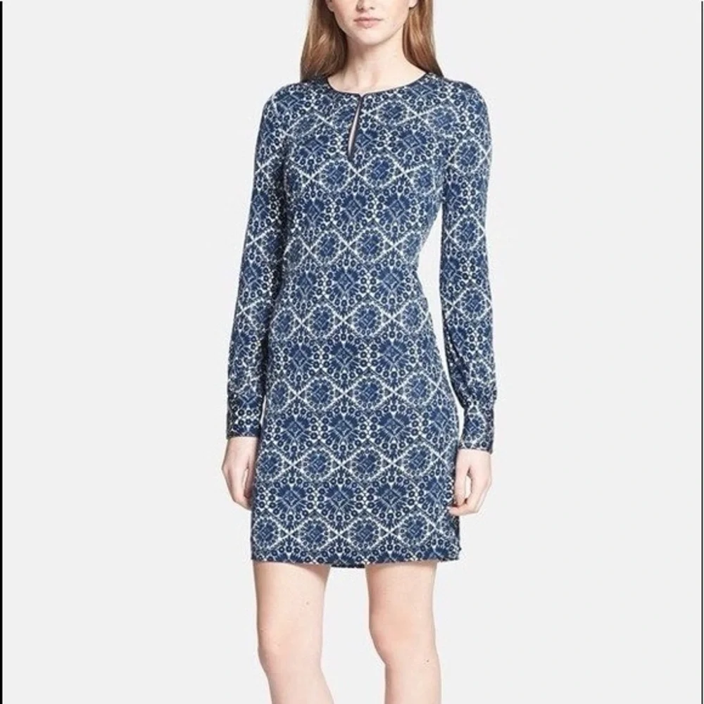 TORY BURCH Walker Long Sleeve‎ Fitted Mini Dress Navy Blue White Size M Keyhole